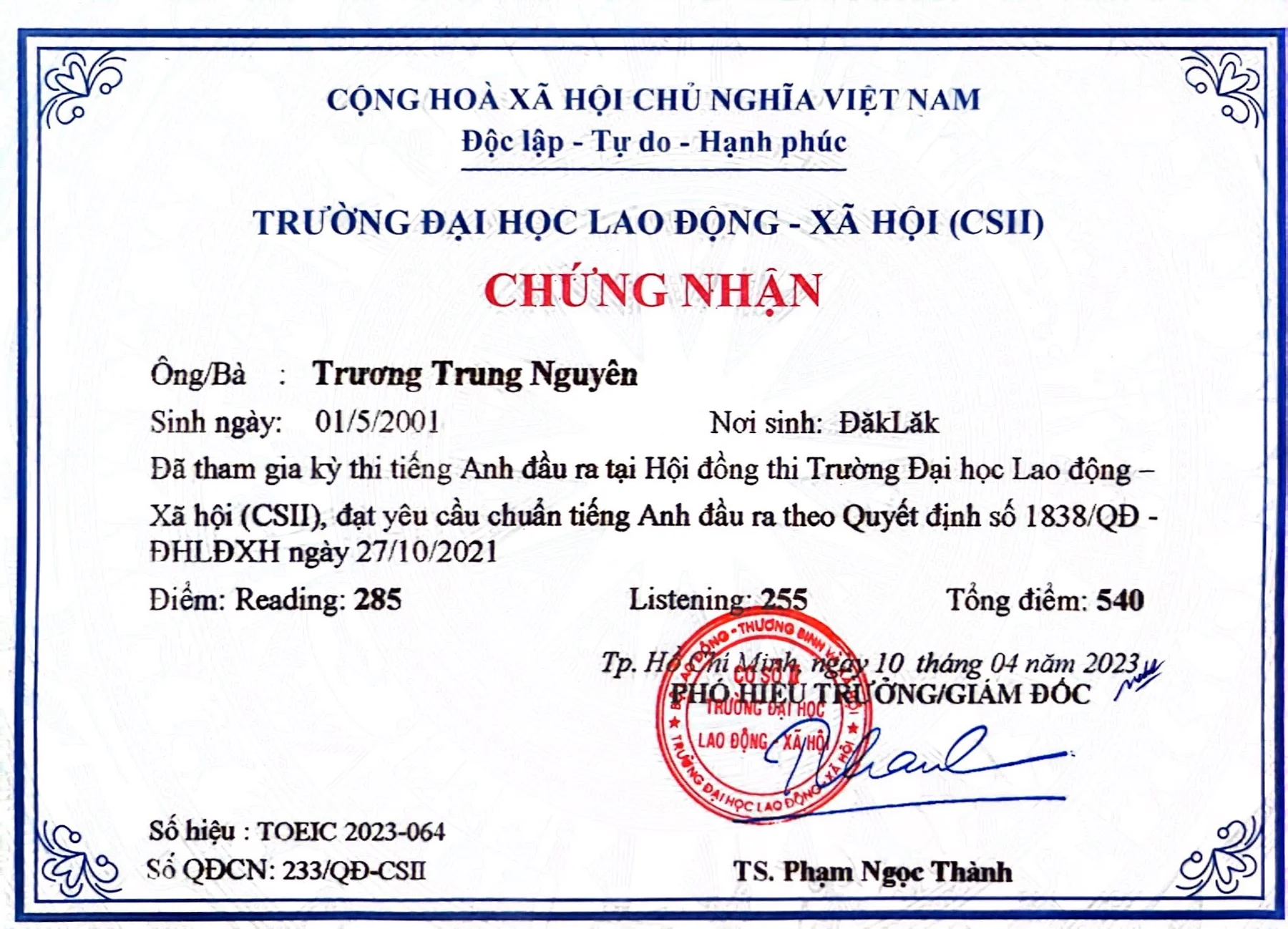 Chứng nhận TOEIC 540